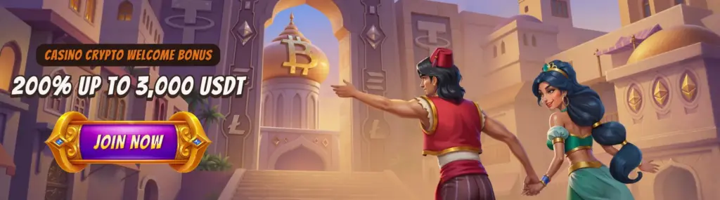 Casino Crypto Welcome Bonus 200 percent up to 3000 USDT banner featuring Aladdin and Jasmine walking toward a golden Bitcoin palace dome