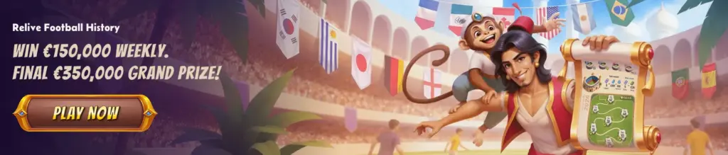 Relive Football History promotion banner showing Aladdin and a monkey holding a scroll in a football stadium with international flags