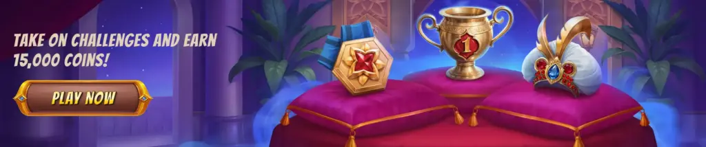 Take on Challenges promo banner showing a gold medal golden trophy and turban resting on purple pillows inside an oriental palace