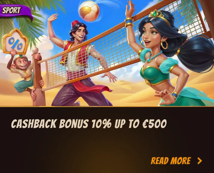 Sport Cashback Bonus 10 percent up to 500 EUR banner featuring Aladdin and Jasmine playing volleyball in the desert