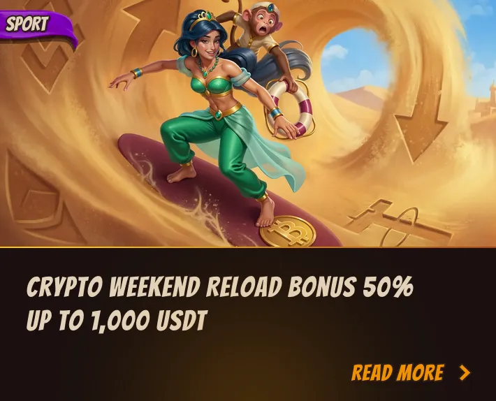 Crypto Weekend Reload Bonus 50 percent up to 1000 USDT banner showing Jasmine surfing on a Bitcoin board in the sand
