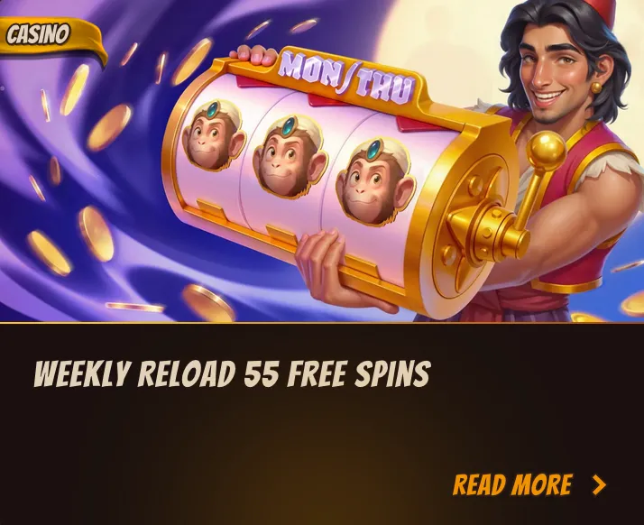 Weekly Reload 55 Free Spins casino banner featuring Aladdin holding a golden slot machine with monkey symbols