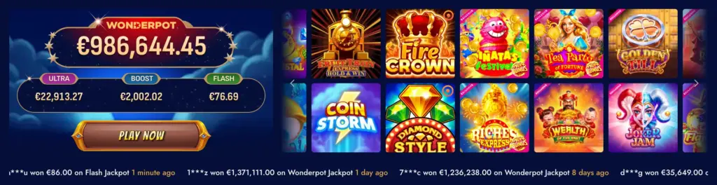 Online casino jackpot banner displaying a Wonderpot counter alongside various slot game tiles including Fire Crown and Coin Storm